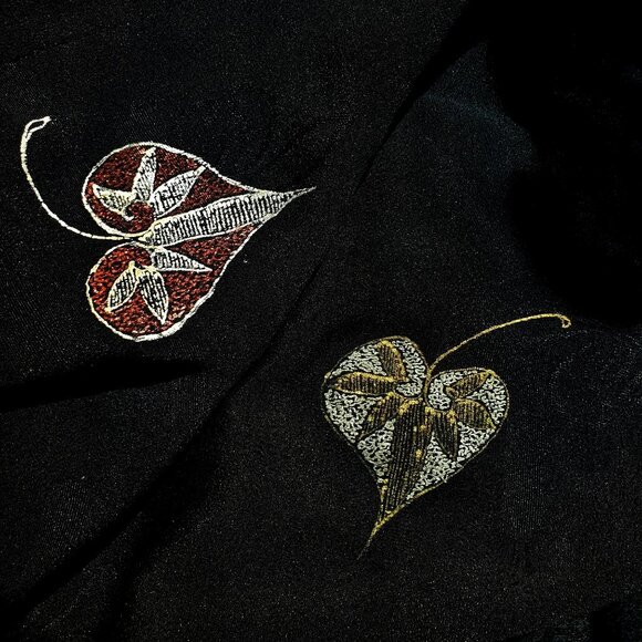 Vintage Japanese Black Silk Kimono Haori Hand Painted Metallic Leaves Red Lining - Picture 11 of 13